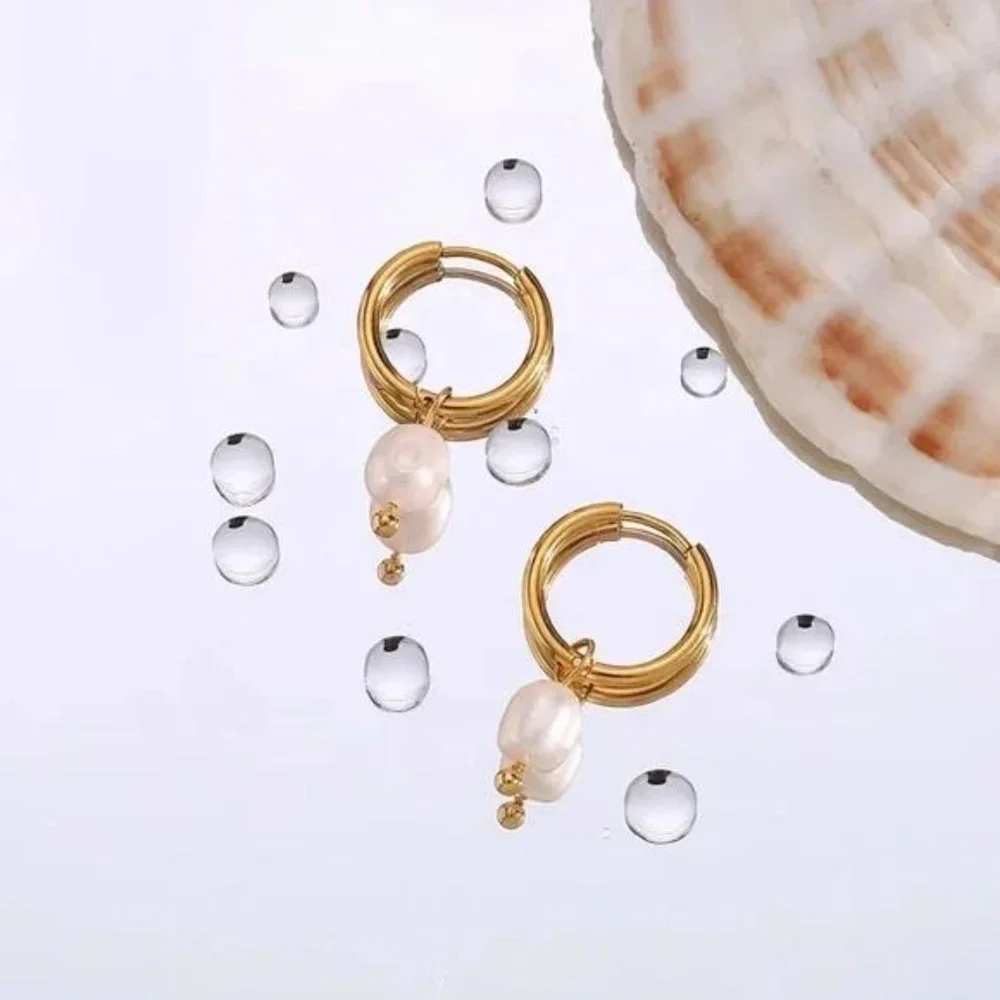 New 18K Gold Fresh Water Pearl Hoop Earrings, NICE EARRINGS, CUTE EARRINGS - Picture 6 of 7